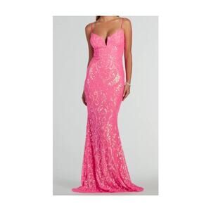 Julissa NEON PINK V-Neck Sequin Mesh Mermaid Dress Sz XS